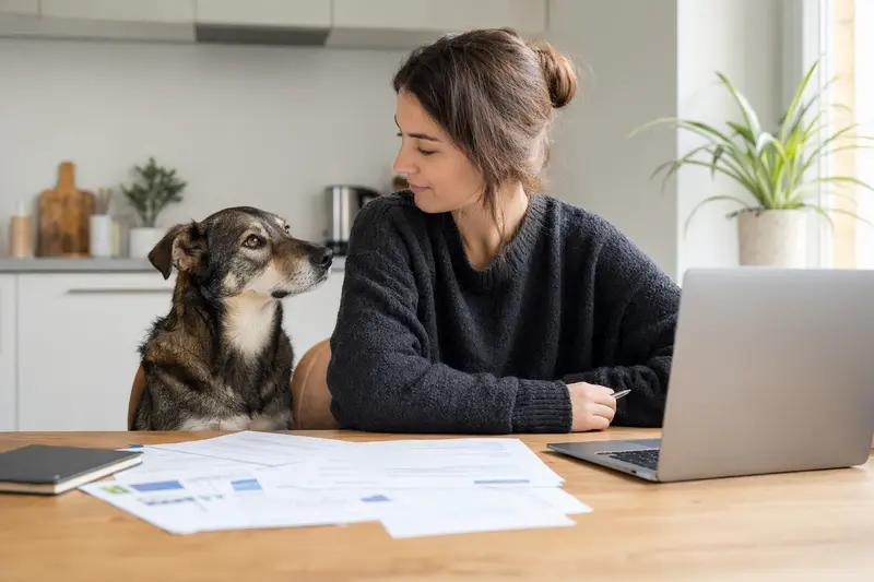 Ein Mocano Hund sitzt ruhig neben seinem Besitzer am Küchentisch, während Versicherungsunterlagen und ein Laptop mit Vergleichsseite auf eine Hundeversicherung hinweisen.