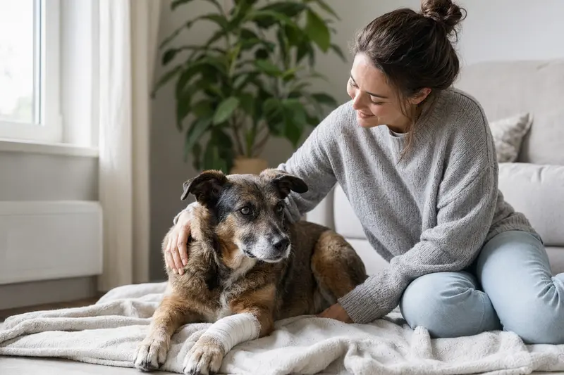 Ein Hund mit leichtem Verband an der Pfote liegt ruhig auf einer Decke, während sein Besitzer erleichtert neben ihm sitzt.