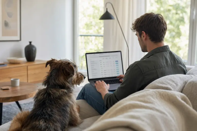 Ein Hundehalter mit seinem Mocano-Hund sitzt entspannt auf dem Sofa und vergleicht Versicherungen auf dem Laptop.