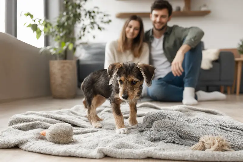 Ein junger Mocano Welpe erkundet neugierig sein neues Zuhause mit liebevoller Familie im Hintergrund.