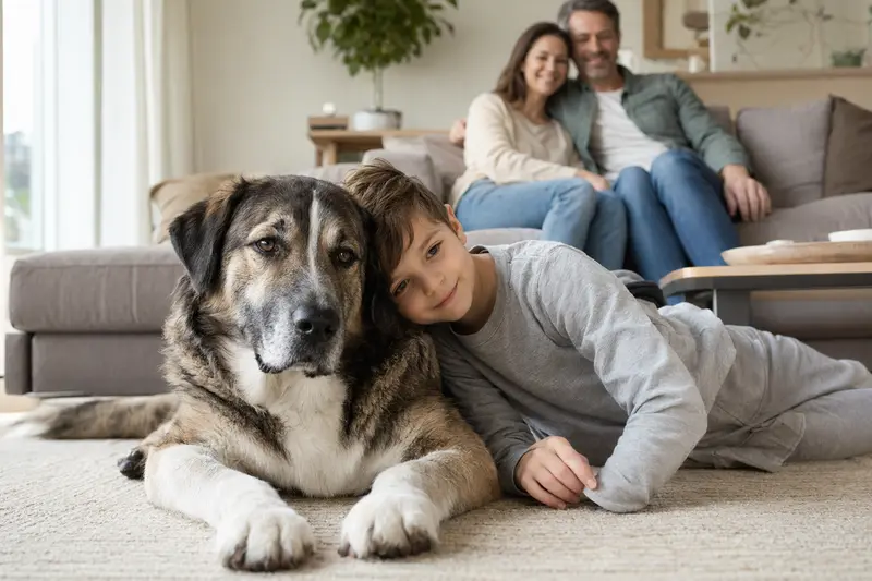 Ein freundlicher Molosser Hund liegt entspannt neben einem Kind im hellen Wohnzimmer, während die Eltern im Hintergrund eine sichere Familienatmosphäre schaffen.
