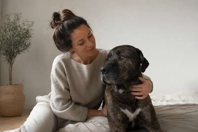 Ein aufmerksam stehender Molosser Hund vor hellem Hintergrund in einem realistischen Tierportrait für einen Ratgeber zu Hundegesundheit und Versicherung.