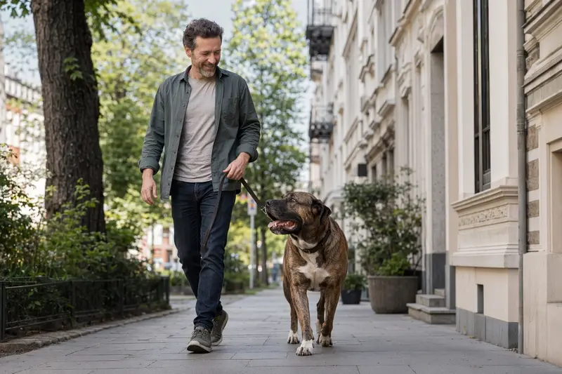 Ein Molosser Hund läuft an der Leine mit seinem Besitzer durch eine moderne Stadtstraße in entspannter Alltagssituation.