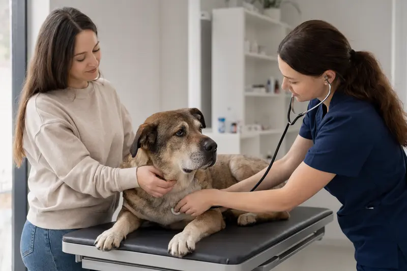 Ein ruhiger Molosser Hund wird von einer freundlichen Tierärztin in einer modernen Praxis mit einem Stethoskop untersucht.