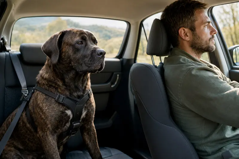 Ein sicher angeschnallter Molosser sitzt auf der Rückbank eines Autos und steht für verantwortungsvollen Hundetransport.