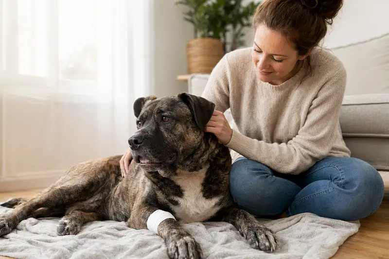 Ein Molosser Hund mit leicht bandagierter Pfote liegt ruhig auf einer Decke, während sein Besitzer erleichtert neben ihm sitzt.