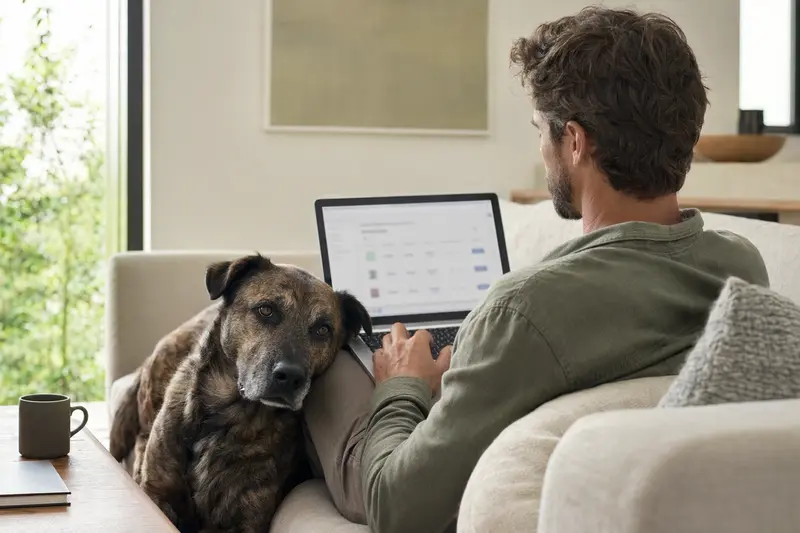 Ein Hundehalter sitzt mit seinem Molosser auf dem Sofa und vergleicht Tierversicherungen auf dem Laptop.