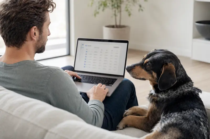 Ein Hundebesitzer arbeitet am Laptop auf dem Sofa neben seiner Montenegrinischen Gebirgsbracke, während er einen Versicherungsvergleich durchführt.