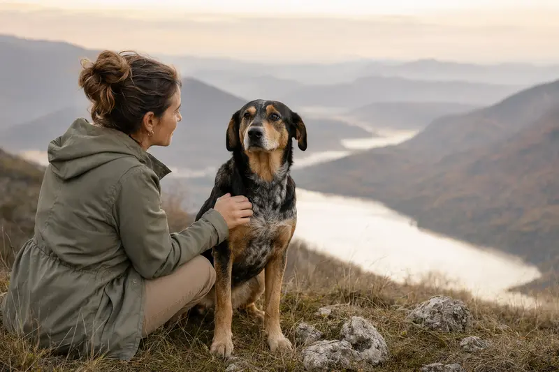 Montenegrinischer Gebirgslaufhund in aufmerksamer Haltung vor hellem Hintergrund als realistisches Portrait eines Hundes.