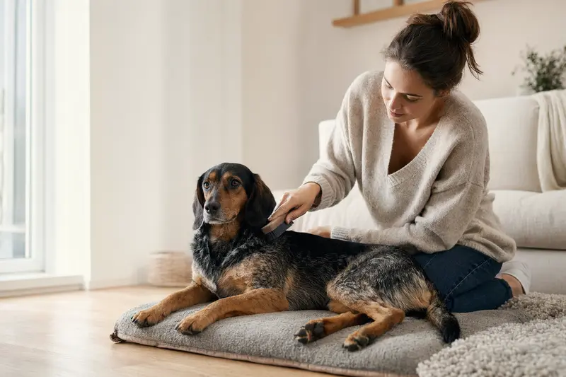 Ein Montenegrinischer Gebirgslaufhund wird zuhause von seinem Besitzer sanft gebürstet und gepflegt.