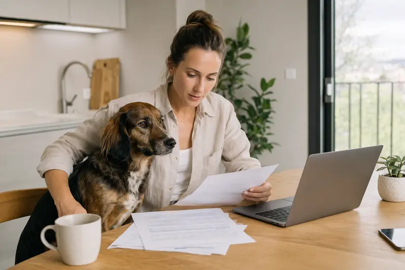 Montenegrinischer Gebirgslaufhund sitzt ruhig neben seinem Besitzer am Küchentisch mit Versicherungsunterlagen und Laptop zu einer Hundekrankenversicherung.
