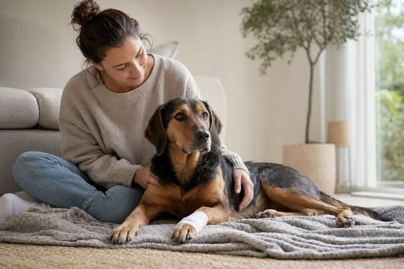 Montenegrinischer Gebirgslaufhund mit leicht verbundenen Pfote liegt ruhig auf einer Decke neben seinem erleichterten Besitzer in einer hellen Wohnung.