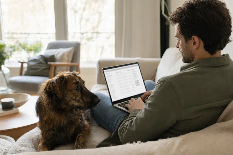 Ein Besitzer arbeitet am Laptop auf dem Sofa, während ein Montenegrinischer Gebirgslaufhund neben ihm sitzt und eine neutrale Versicherungsoberfläche angezeigt wird.