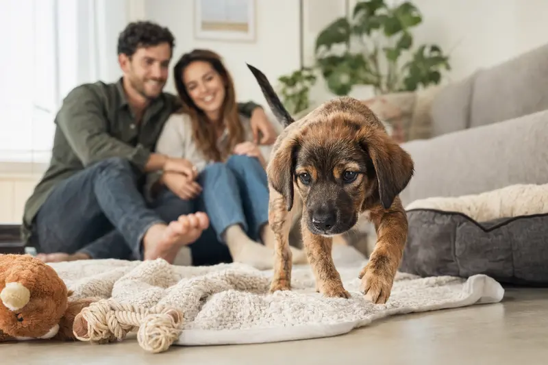 Ein neugieriger Montenegrinischer Gebirgslaufhund Welpe erkundet sein neues Zuhause mit liebevoller Familie im Hintergrund.