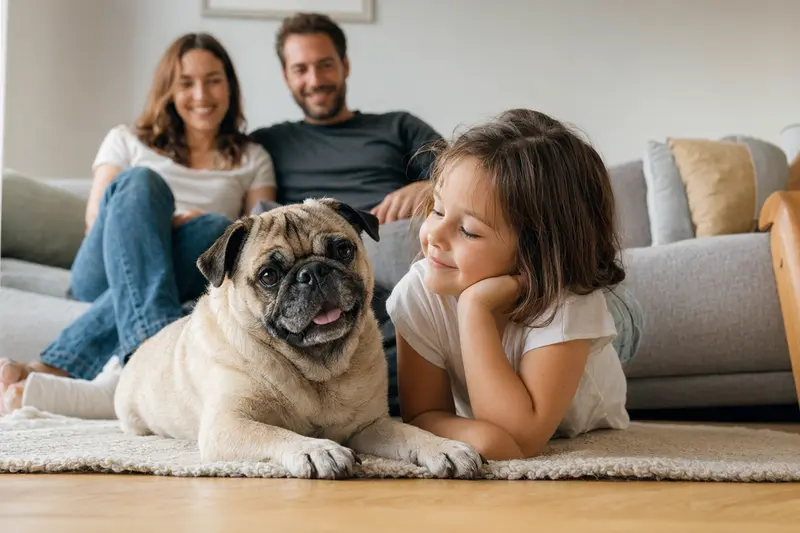 Ein entspannter Mops liegt neben einem Kind in einem freundlichen Wohnzimmer mit warmem Licht.