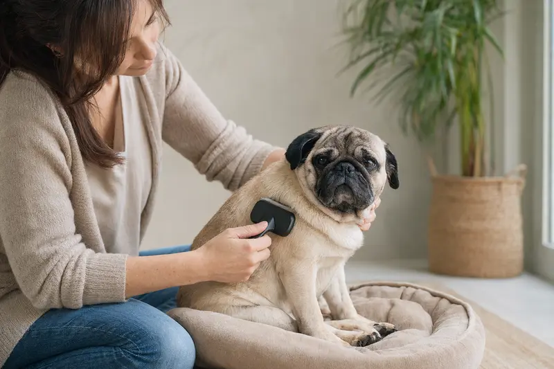 Ein Mops wird in einer hellen Wohnung sanft gebürstet, während sich der Besitzer liebevoll um die Fellpflege kümmert.