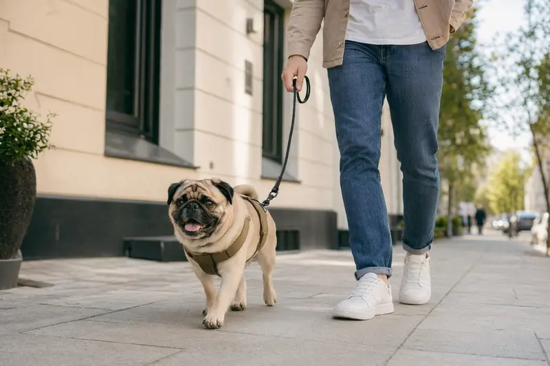 Ein Mops läuft an der Leine mit seinem Besitzer durch eine freundliche moderne Stadtstraße.