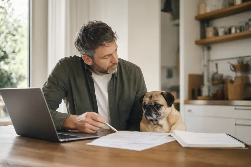 Ein Mops Hund sitzt ruhig neben seinem Besitzer am Küchentisch, umgeben von Versicherungsunterlagen und einem Laptop.