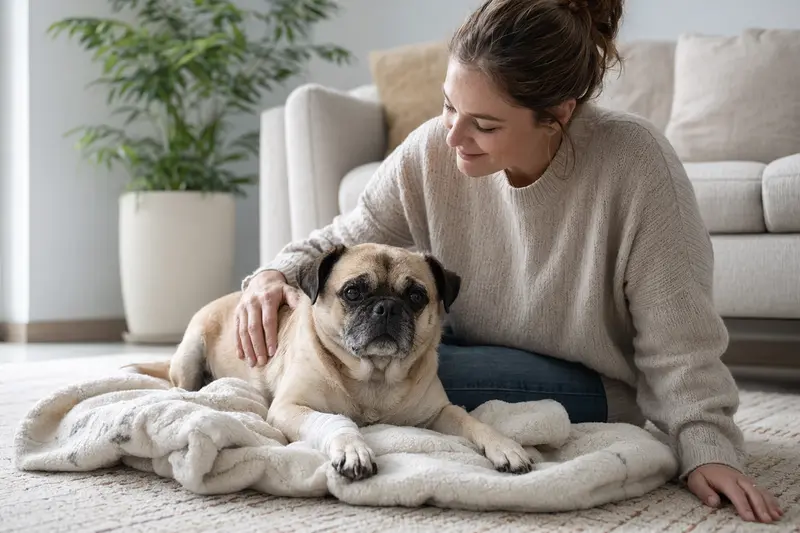 Ein Mops mit einem leichten Verband an der Pfote liegt entspannt auf einer Decke, während sein Besitzer neben ihm sitzt und erleichtert wirkt.