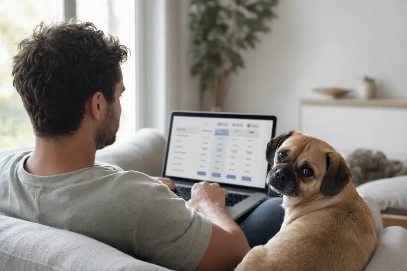 Ein Besitzer sitzt mit Laptop auf dem Sofa, während ein Mops-Hund relaxed daneben liegt, was die einfache Handhabung von Tierversicherungsvergleichen verdeutlicht.