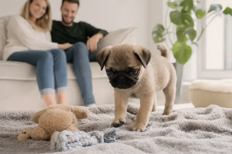 Ein junger Mops Welpe erkundet neugierig seine neue Wohnung mit weicher Decke und Spielzeug.