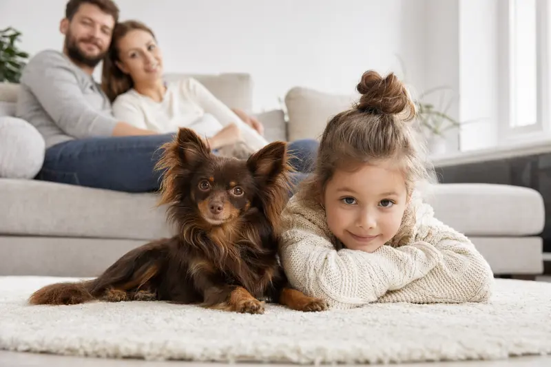 Ein freundlicher Moskauer Langhaariger Toy Terrier liegt entspannt neben einem Kind im hellen Wohnzimmer, während die Eltern im Hintergrund eine sichere Familienatmosphäre schaffen.