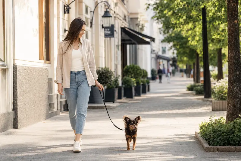 Ein Moskauer Langhaariger Toy Terrier läuft an der Leine mit seinem Besitzer durch eine moderne Stadtstraße.