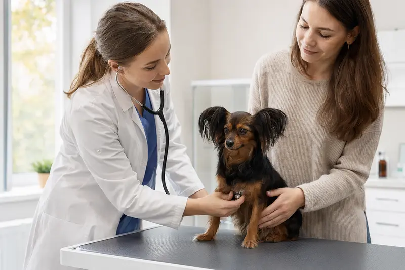 Ein ruhiger Moskauer Langhaariger Toy Terrier liegt auf einem Untersuchungstisch, während eine freundliche Tierärztin ihn mit einem Stethoskop untersucht und der Besitzer beruhigend danebensteht.