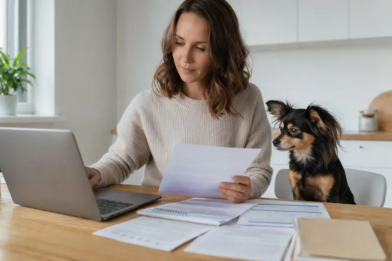 Ein Moskauer Langhaariger Toy Terrier sitzt ruhig neben seinem Besitzer am Küchentisch mit Versicherungsunterlagen und Laptop.