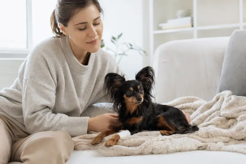 Ein Moskauer Langhaariger Toy Terrier liegt mit leicht verbundenem Pfötchen ruhig auf einer Decke, während sein Besitzer erleichtert neben ihm sitzt.