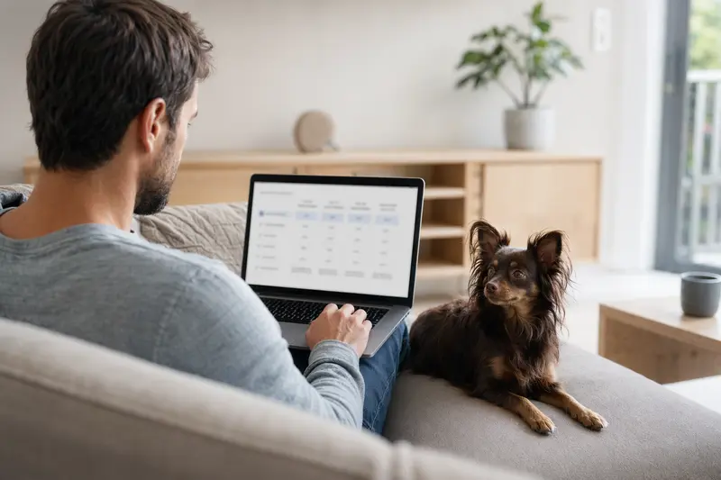Ein Hundehalter sitzt auf dem Sofa mit einem Laptop, während ein Moskauer Langhaariger Toy Terrier daneben liegt und ein Versicherungsvergleich betrachtet wird.