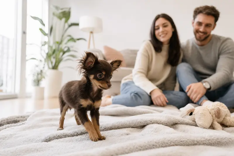 Ein neugieriger Moskauer Langhaariger Toy Terrier Welpe erkundet sein neues Zuhause mit einer liebevollen Familie im Hintergrund.