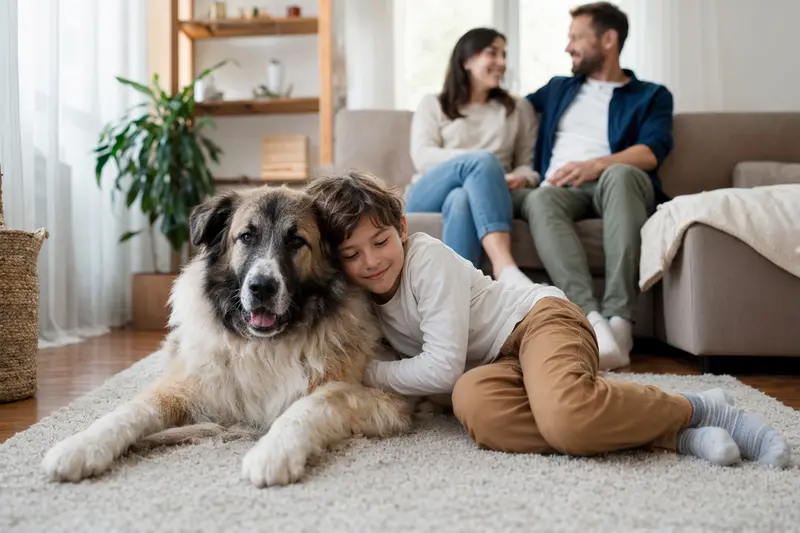 Ein freundlicher Moskauer Wachhund liegt entspannt neben einem Kind im hellen Wohnzimmer, während die Eltern im Hintergrund eine sichere Familienatmosphäre schaffen.