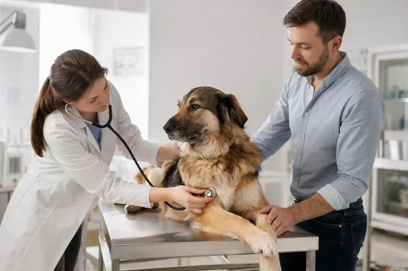 Ein ruhiger Moskauer Wachhund wird von einer freundlichen Tierärztin mit einem Stethoskop untersucht, während sein Besitzer beruhigend daneben steht.