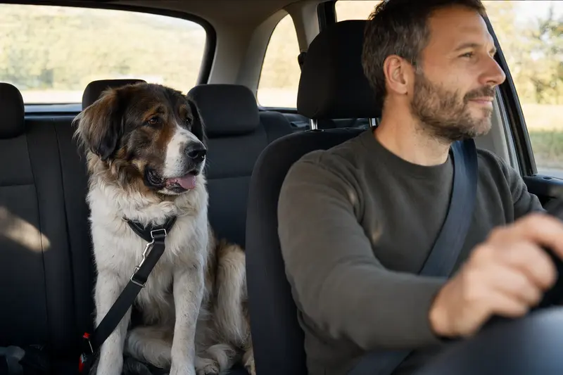 Ein Moskauer Wachhund sitzt sicher angeschnallt auf der Rückbank eines Autos, während sein Besitzer ruhig fährt.