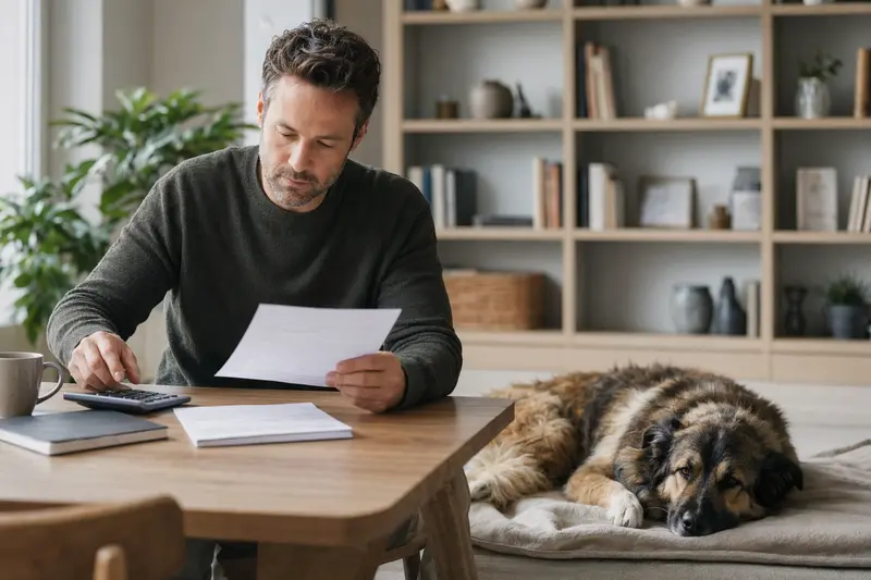 Ein Hundehalter sitzt mit einer Tierarztrechnung am Tisch, während sein Moskauer Wachhund entspannt auf einer Decke liegt – ein realistisches Bild zum Thema Hundekrankenversicherung und Tierarztkosten.