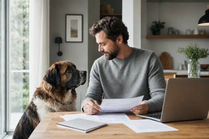 Ein Moskauer Wachhund sitzt ruhig neben seinem Besitzer am Küchentisch mit Versicherungsunterlagen und einem Laptop mit neutraler Vergleichsseite.
