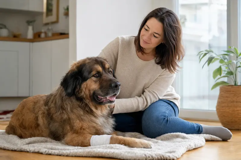 Ein Moskauer Wachhund mit leicht verbundenem Pfotenverband liegt ruhig auf einer Decke, während sein Besitzer neben ihm sitzt und erleichtert wirkt.