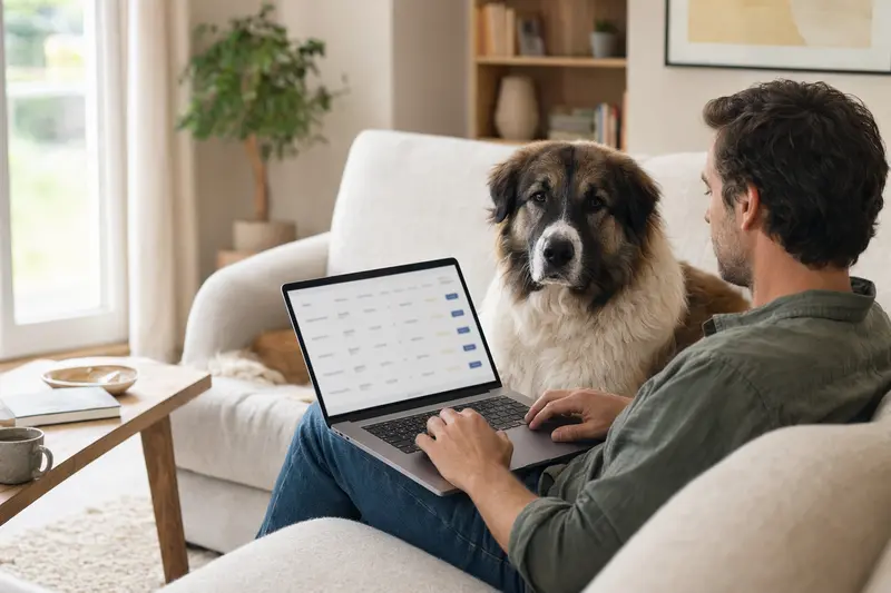 Ein Hundebesitzer arbeitet am Laptop auf dem Sofa, während ein Moskauer Wachhund neben ihm sitzt, perfekt für die Untersuchung von Tierversicherungen.