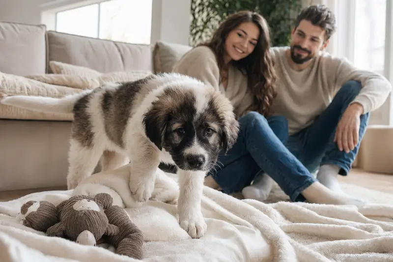 Ein neugieriger Moskauer Wachhund Welpe erkundet sein neues Zuhause mit liebevoller Familie im Hintergrund.