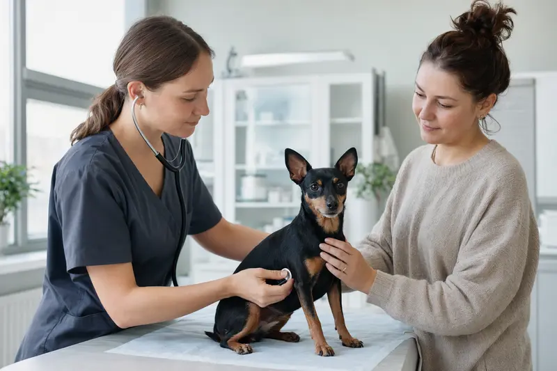 Ein ruhiger Moskauer Zwergterrier wird von einer freundlichen Tierärztin auf einem Untersuchungstisch in einer modernen Tierarztpraxis untersucht.