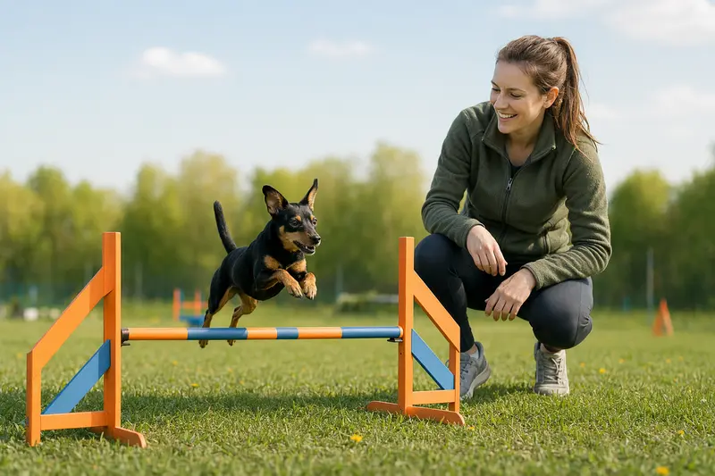 Ein Moskauer Zwergterrier springt auf einem Hundeplatz gemeinsam mit seinem Besitzer über eine kleine Trainingshürde.