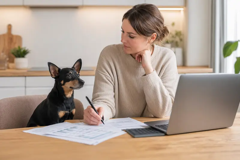 Ein Moskauer Zwergterrier sitzt ruhig neben seinem Besitzer am Küchentisch, während Versicherungsunterlagen und ein Laptop mit einer Vergleichsseite vor ihm liegen.