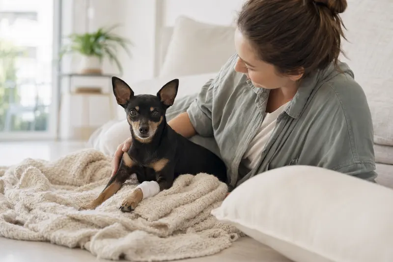Ein Moskauer Zwergterrier mit leicht verbundenem Vorderlauf liegt ruhig auf einer Decke, während sein Besitzer erleichtert neben ihm sitzt.