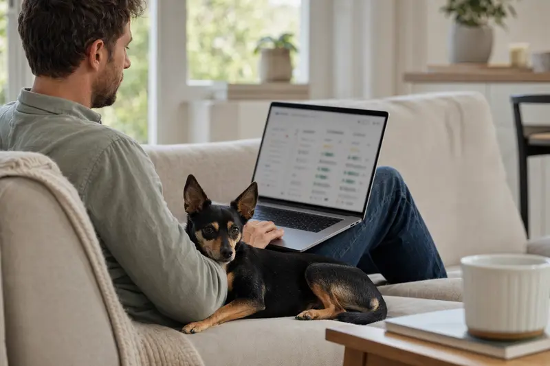 Besitzer sitzt mit Laptop auf dem Sofa, neben ihm ein Moskauer Zwergterrier; Bildschirm zeigt einen Versicherungsvergleich.