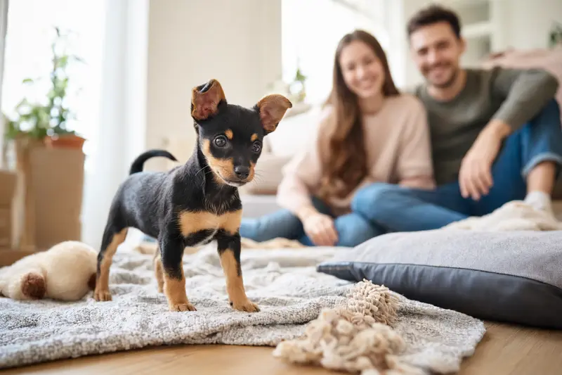 Ein neugieriger Moskauer Zwergterrier Welpe erkundet eine helle Wohnung mit liebevoller Familie im Hintergrund.