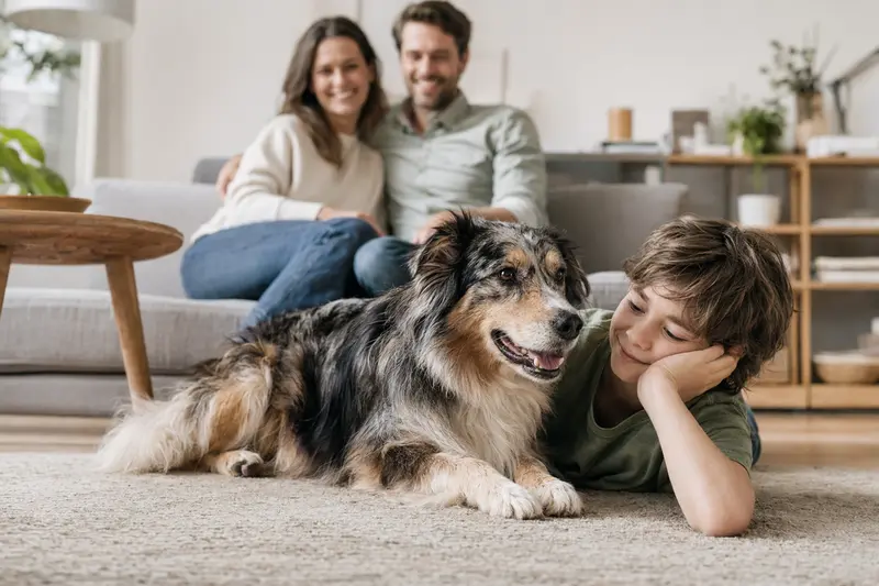 Ein freundlicher Mountain Collie liegt entspannt neben einem Kind im hellen Wohnzimmer einer Familie.