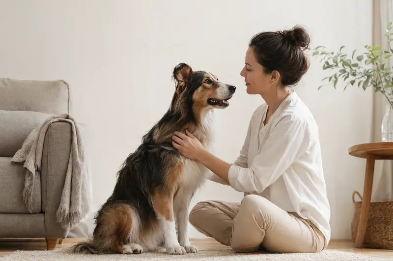 Ein Mountain Collie steht aufmerksam vor hellem Hintergrund und zeigt im professionellen Hundeportrait seine typische Fellstruktur.