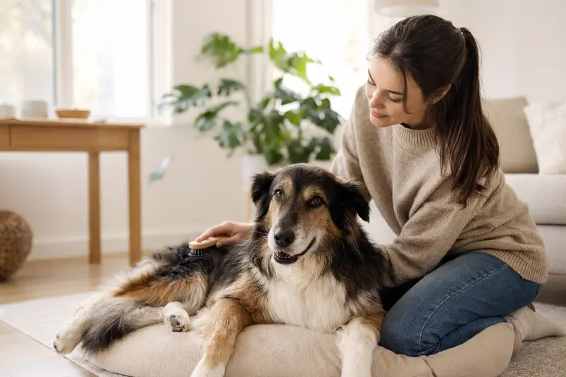 Ein Mountain Collie wird in einer hellen Wohnung liebevoll gebürstet, während der Besitzer die Fellpflege ruhig und aufmerksam übernimmt.