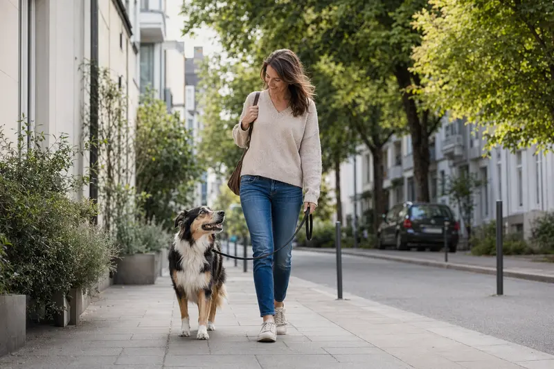 Ein Mountain Collie läuft an der Leine mit seinem Besitzer durch eine moderne Stadtstraße in entspannter Alltagssituation.